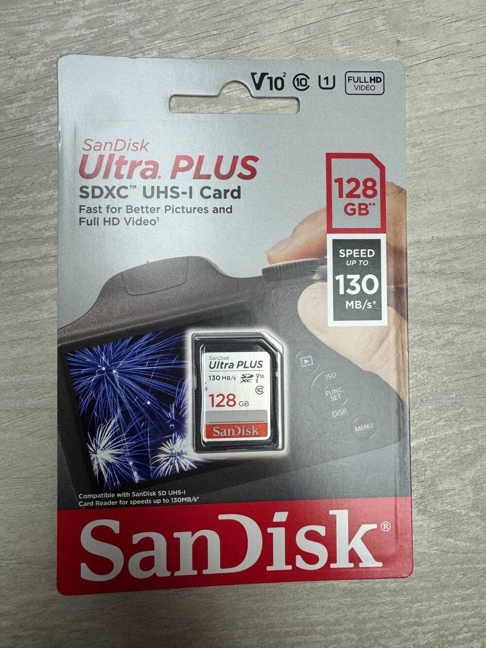 SanDisk Ultra PLUS 128GB SDXC UHS-I Memory Card 130MB/s Full HD Video Storage